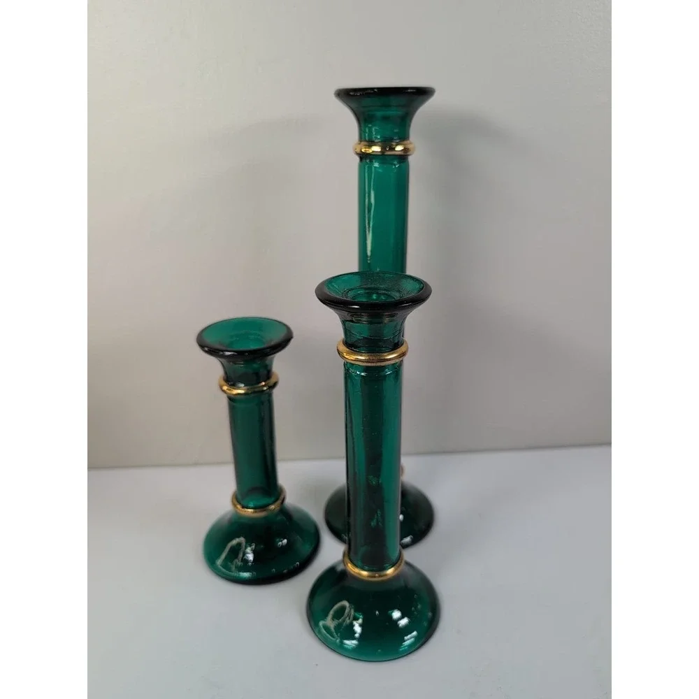 Pier One Set Of Green Glass Candlestick Holders / Bud Vases